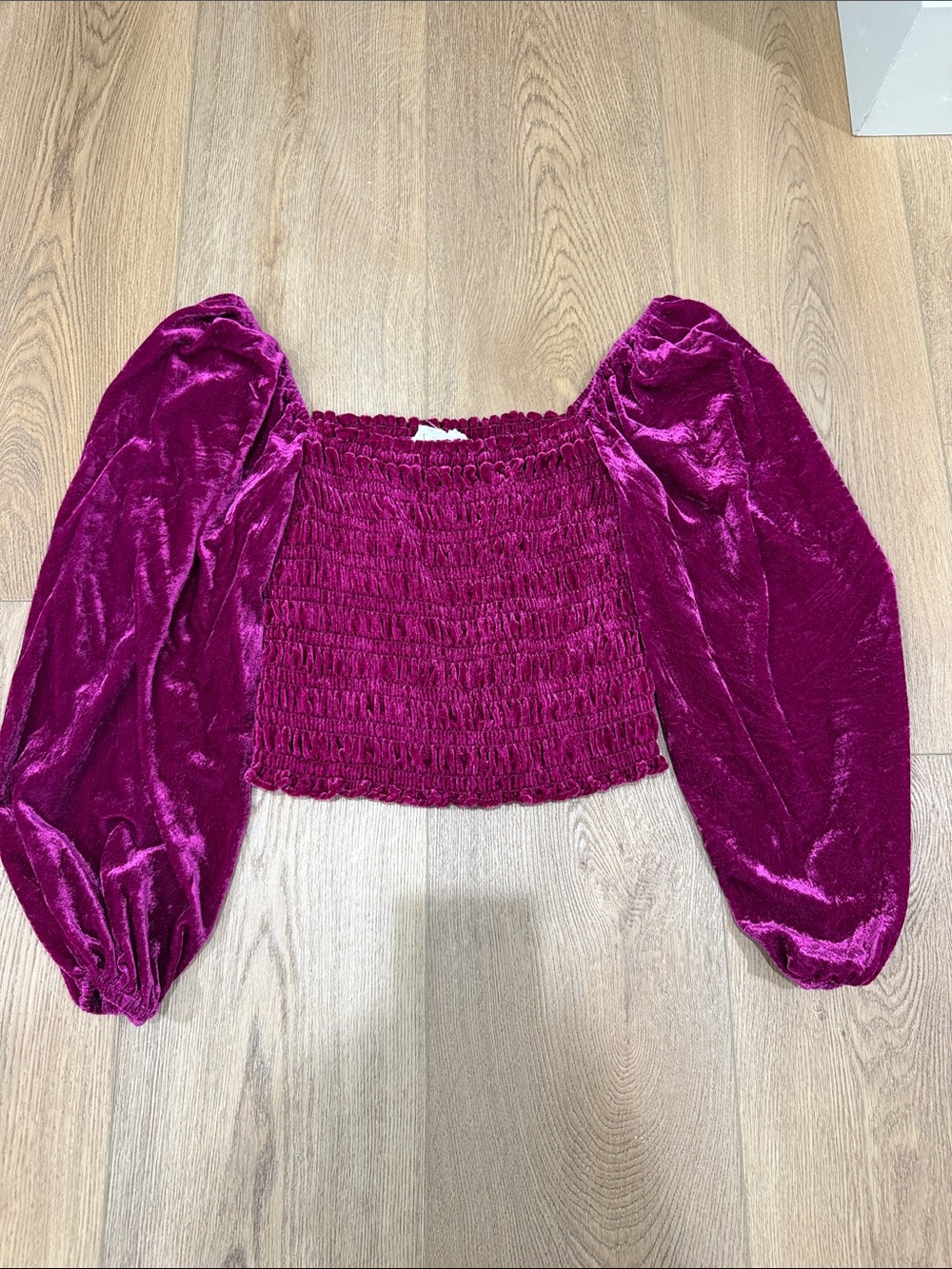 Anthropologie Velvet Smocked Puff-Sleeve Crop Top - Fuchsia medium